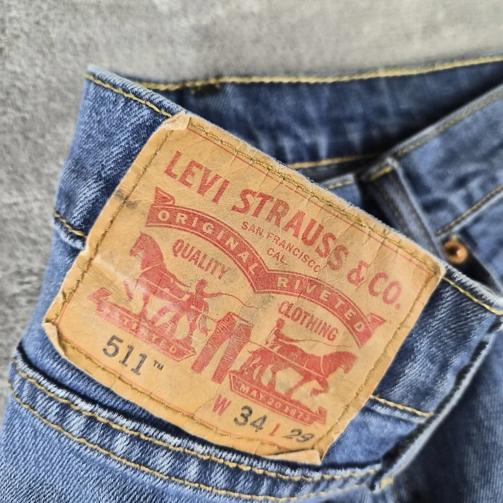 Levis 511 Jeans Mens 34x29 Blue Denim Slim Fit Medium Wash Stretch Whiskered